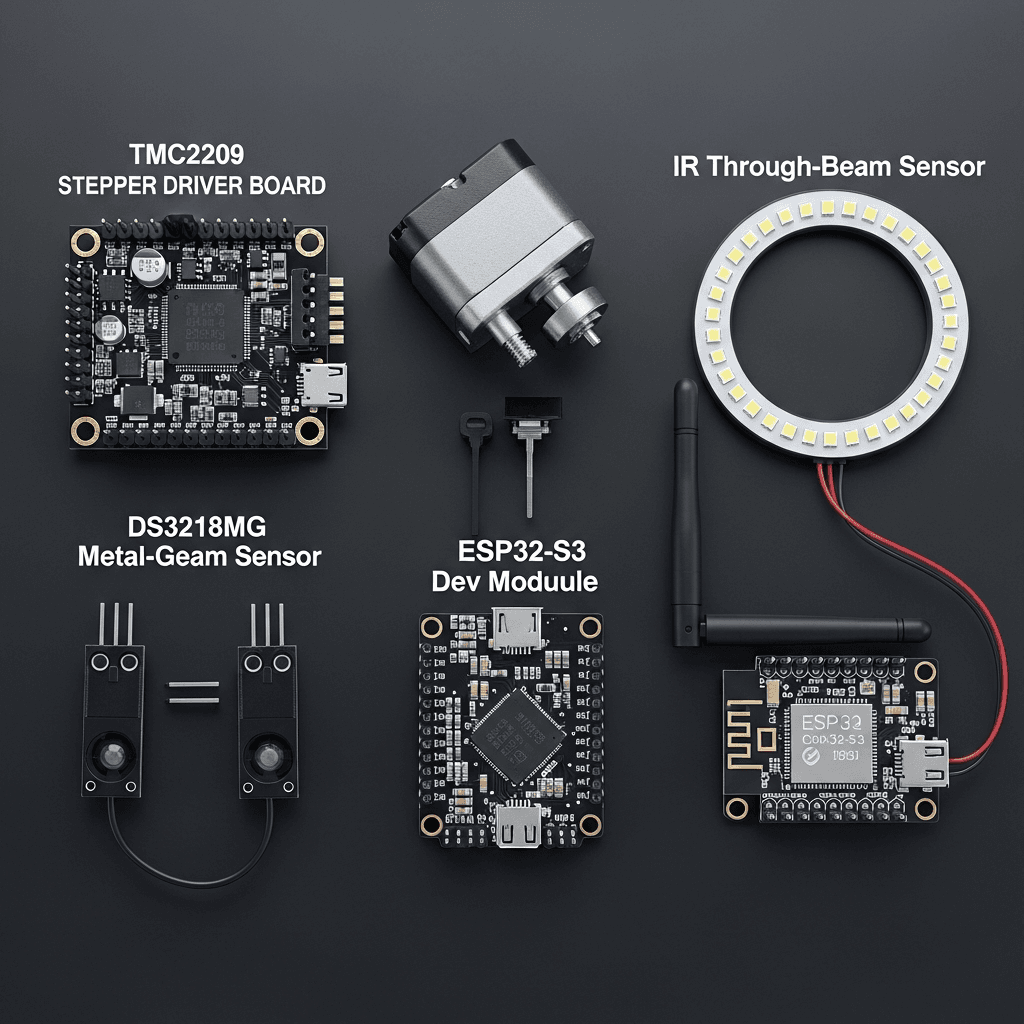 Einzelkomponenten der SorterAI-BOM: TMC2209-Treiber, DS3218MG-Servo, ESP32-S3, LED-Ring