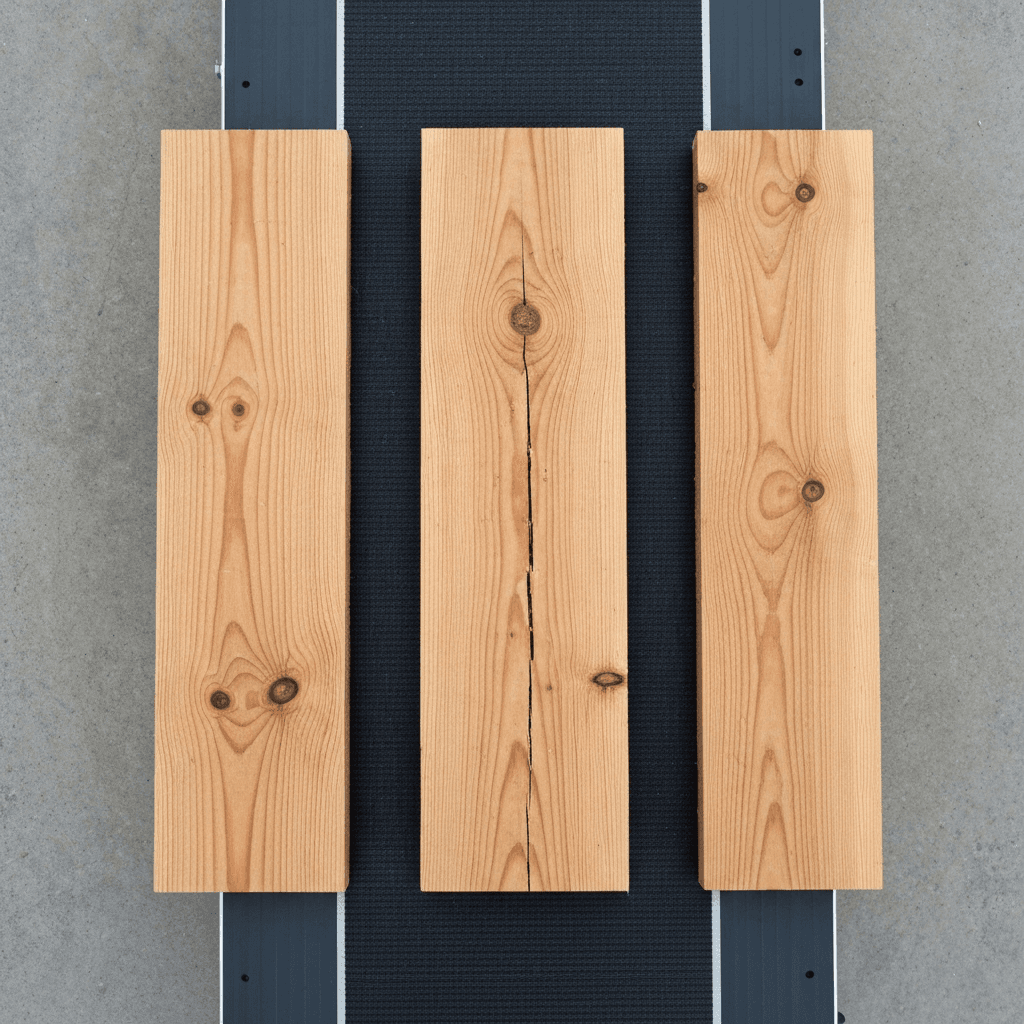 Sägewerk-Sortierband mit 3-Kamera-Synchronisation und Laser-Triangulation