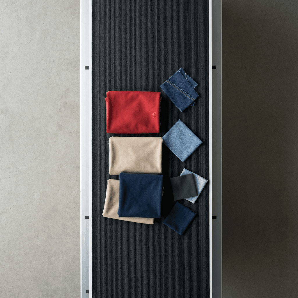 Textil-Sortierband mit Color-Checker-Karte und RFID-Antenne